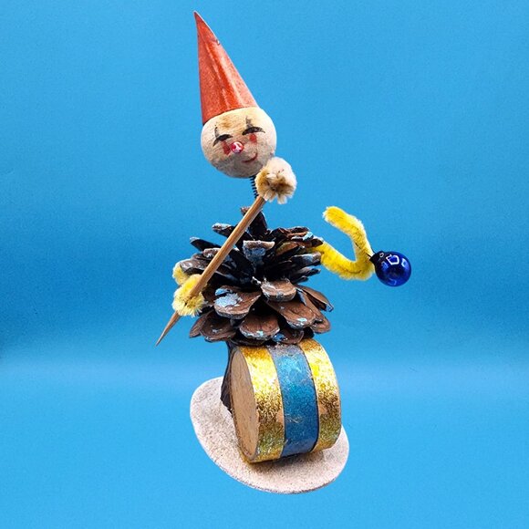 Vintage Bobblehead Elf Japan Pinecone Spun Cotton Foil Horn Mercury Glass 1950s - Picture 4 of 10